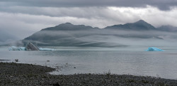 Tatshenshini River Rafting Alaska - Alsek Lake - mist and icebergs. Photo: Pete Wallstrom